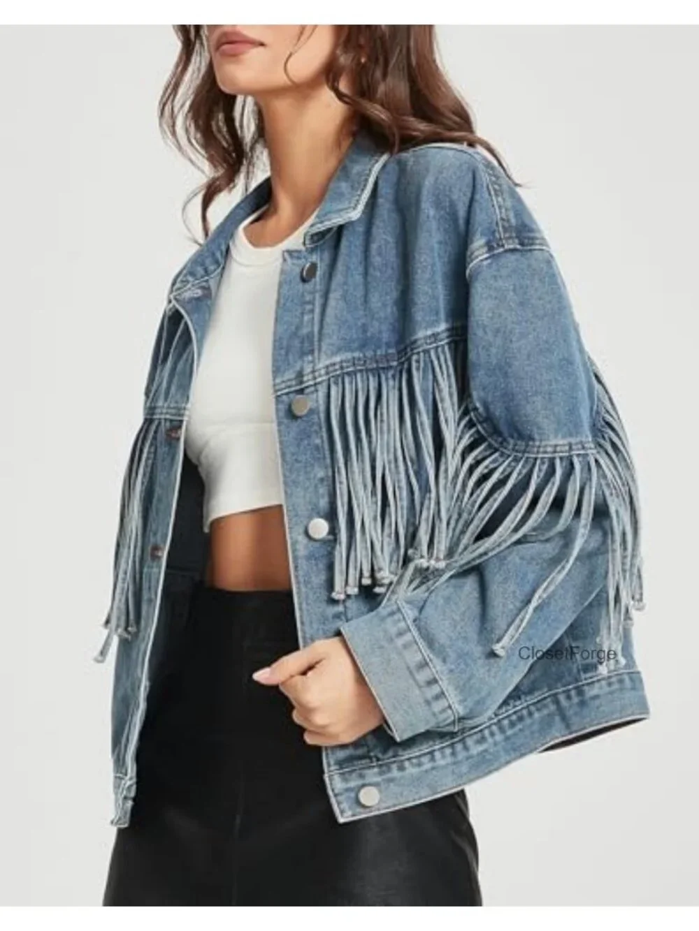 Oversized Fringed Denim Jacket Tassel Long Sleeve Western Country Concert Outfit